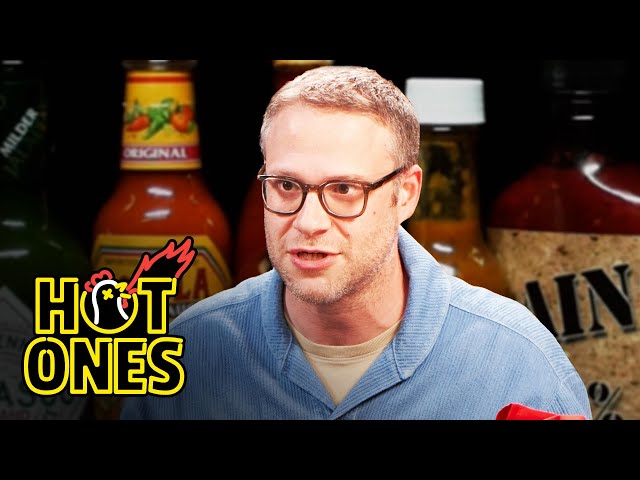 Seth Rogen Scorches His Tongue While Eating Spicy Wings | Hot Ones class=