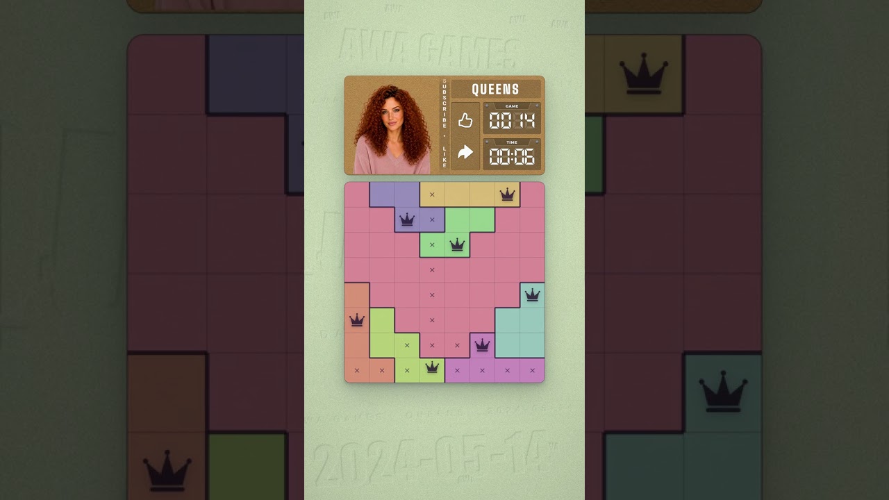 LinkedIn Queens #14 solved board for May 14, 2024, 8x8 grid