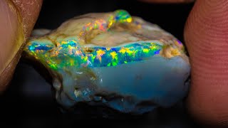 Miner parts with a 20yr old piece of rough opal treasure - I cut it!