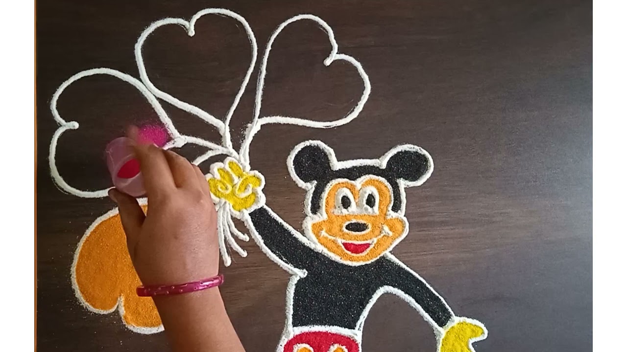 Micky mouse cartoon rangoli for new year 2022/ Happy new year rangoli/ How  to make micky mouse - YouTube