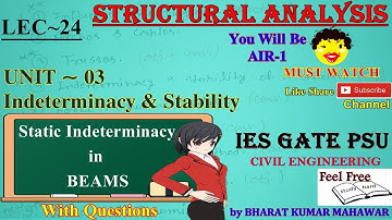 Structural Analysis~Lec 24~U3~Indeterminacy & Stability (Static Indeterminacy for Beams)by Bharat KM