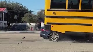 Sports car crashes into Florida school bus