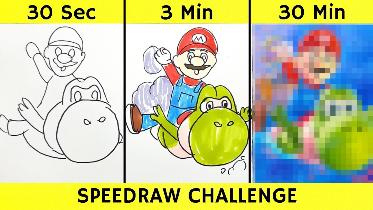 Drawing SUPER MARIO & YOSHI in 30 sec, 3 min, and 30 min | The