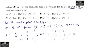 A(2,3) B(-3,4) are two points. If a point P moves such that the area of triangle PAB is 8.5 sq units