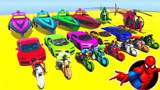 GTA V SPIDER-MAN, Stunt Car Racing Challenge By Heroes and Friends With Amazing Car Planes and Boats