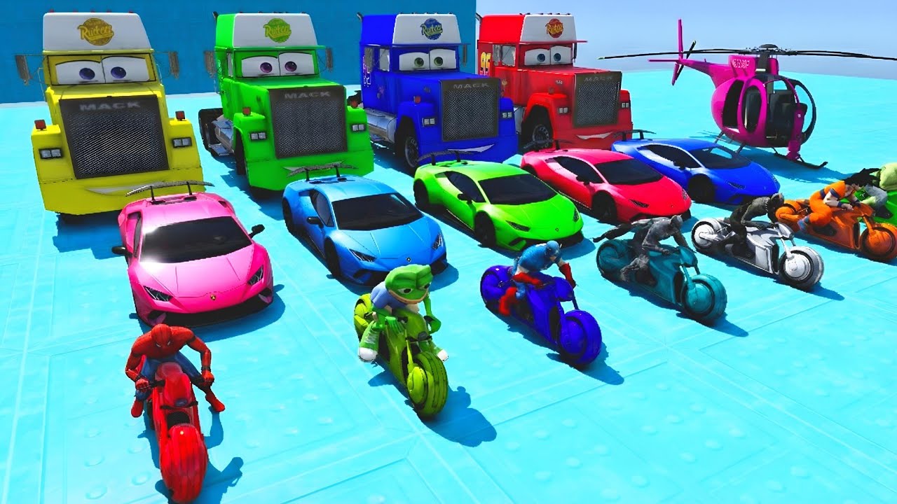 GTA V Plus Spider man super stunt McQueen cars racing challenge Homem aranha de Helicóptero