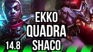 EKKO vs SHACO (JGL) | Quadra, 69% winrate, 7 solo kills, 18/4/6, Dominating | NA Grandmaster | 14.8