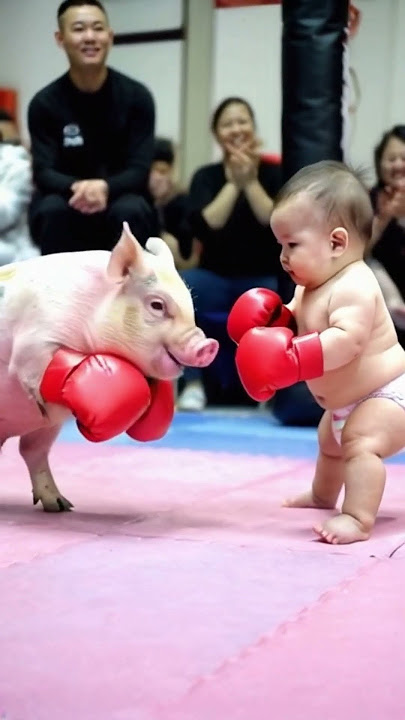 Adorable baby boxing with pig in the stands, everyone gathered around cheering