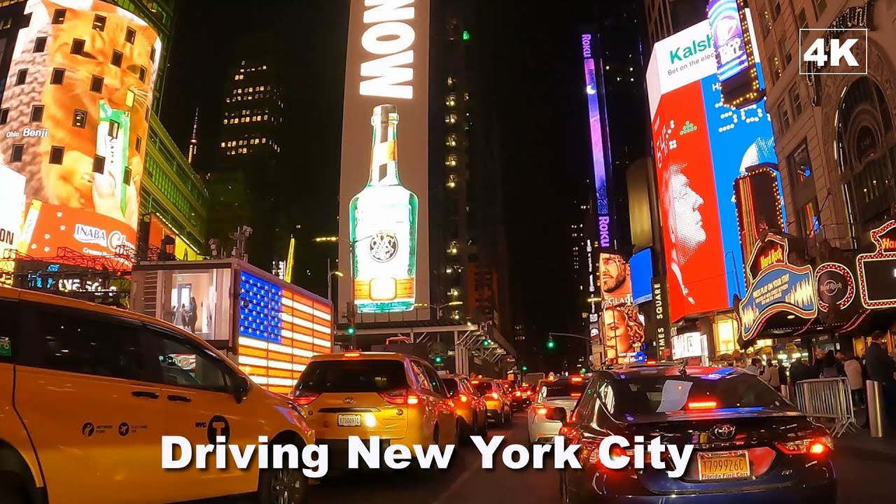 Driving New York City at Night - Times Square in 4K