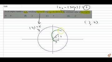 For all complex numbers z1,z2 satisfying `|z1|=12` and `|z2-3-4iota|=5`, the minimum value of ...