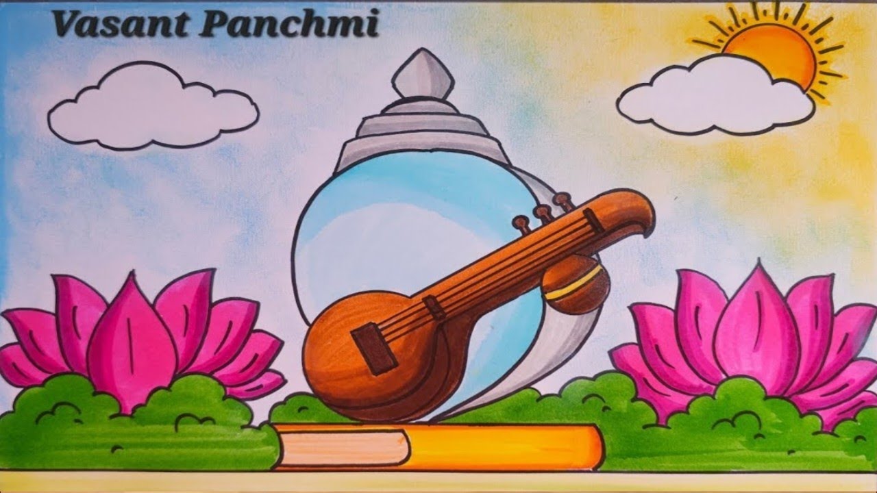 Vasant Panchmi Drawing easy | Basant Panchmi Poster Drawing | Saraswati Puja Drawing easy steps