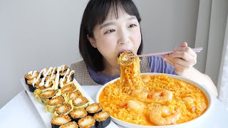 Spicy Fire chicken carbo Kimbap and Spicy Fire chicken carbonara Mukbang _ cheese Kimbap recipe :D