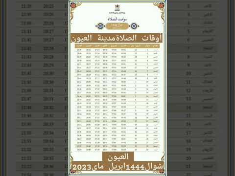 أوقات الصلاة لمدينة العيون وما حولها بالمغرب لشهر شوال 1444ه الموافق ابريل وماي 2023م