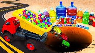Dump Truck, Racing Cars and lot of Marbles in a Race with Coca Cola, Fanta, Sprite vs Mentos