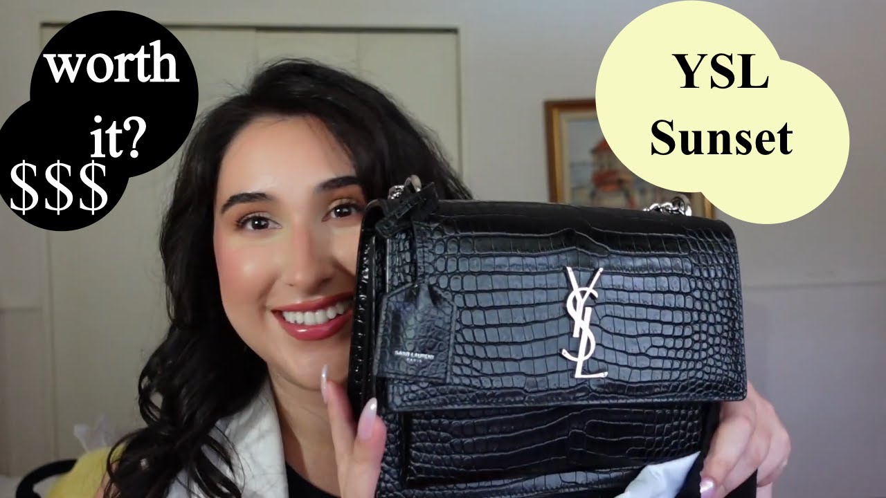 Sunset Medium Monogram YSL Croc-Embossed Shoulder Bag