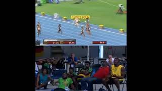 Usain Bolt and Team Jamaica react as Veronica Campbell-Brown wins 200m at 2011 World Championships
