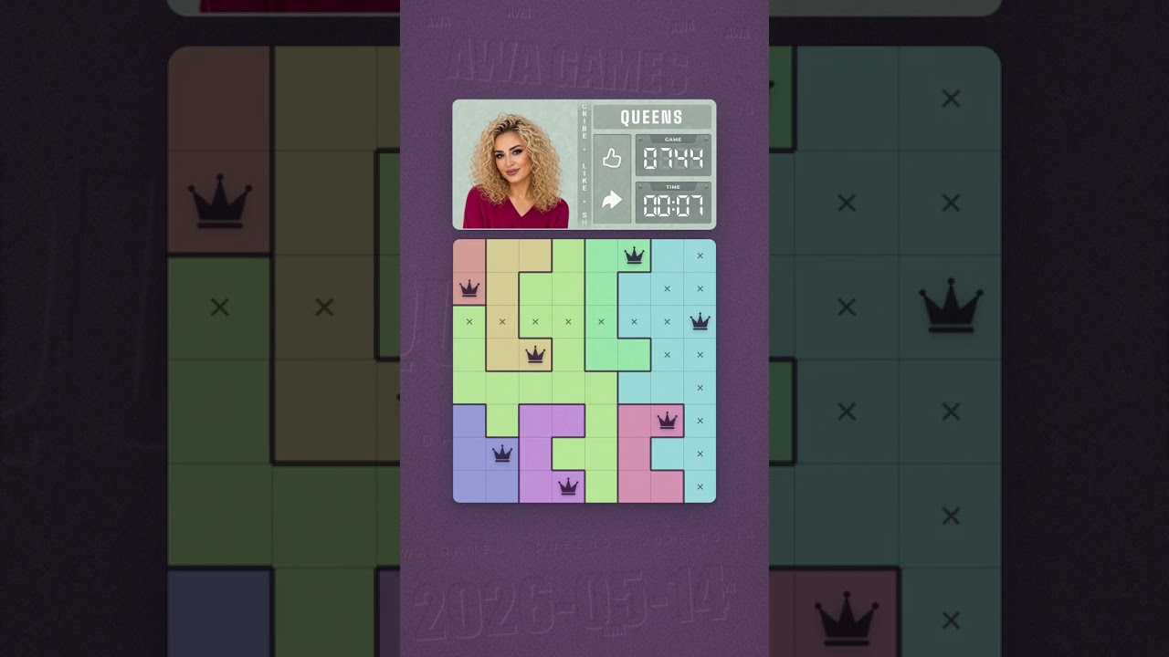 LinkedIn Queens #744 solved board for May 14, 2026, 8x8 grid