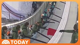See How the Ski Jump Track is Kept Safe — Using Blow Dryers!