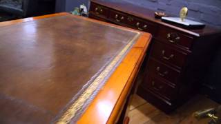 Antique Reproduction Ducal Pine Twin Pedestal Brown Leather Top Writing Desk