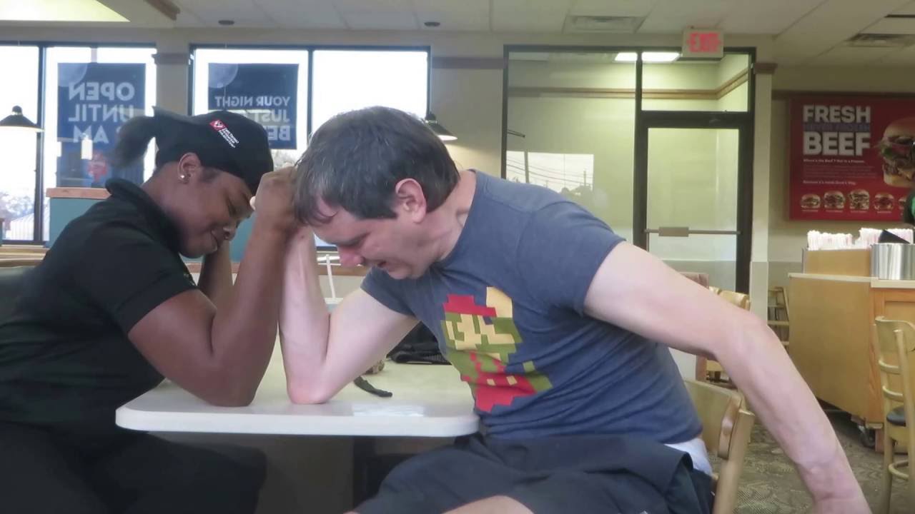 Mixed Arm wrestling: my arm's too short for this: black girl strong-arms me I pull a muscle