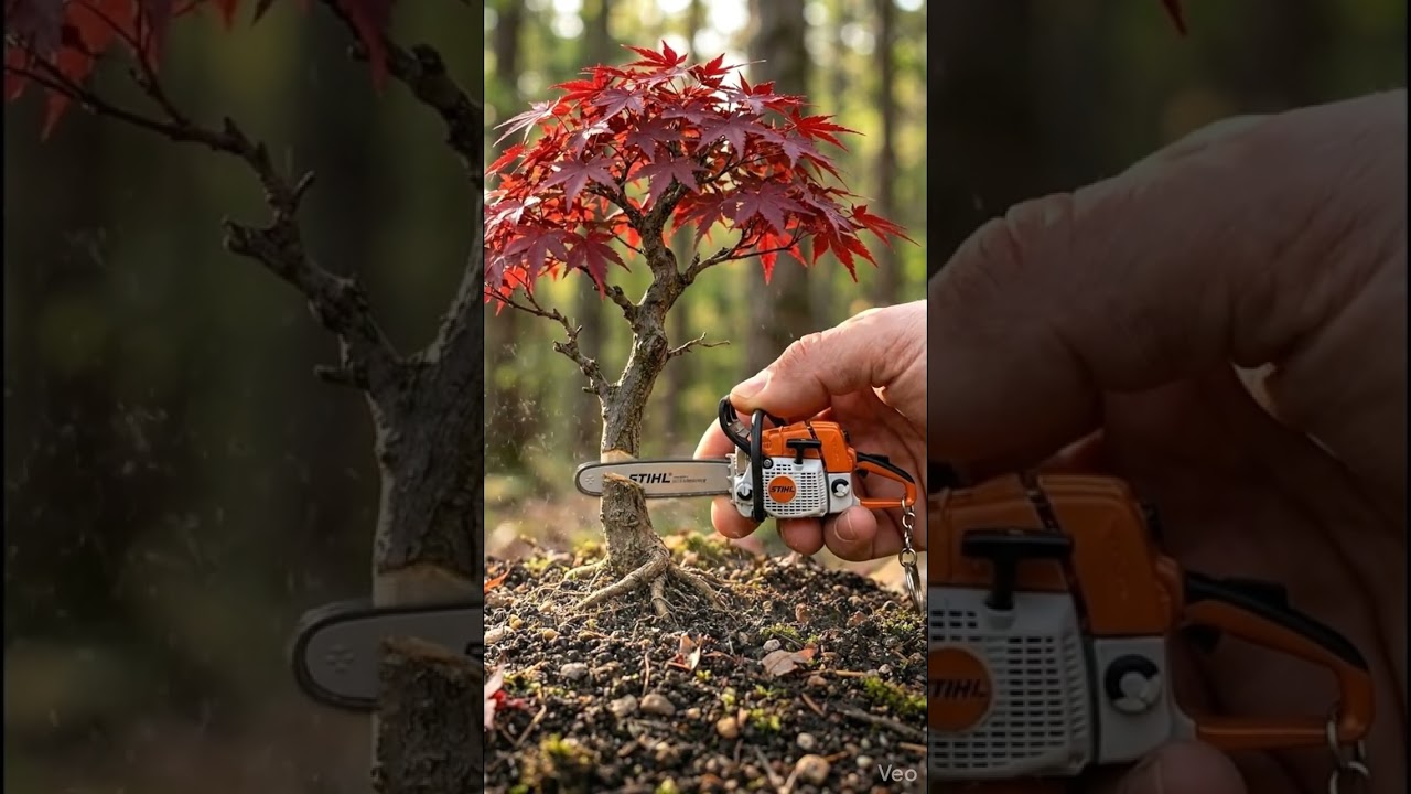 STIHL Chainsaw Keychain cutting a mini Red Maple Tree