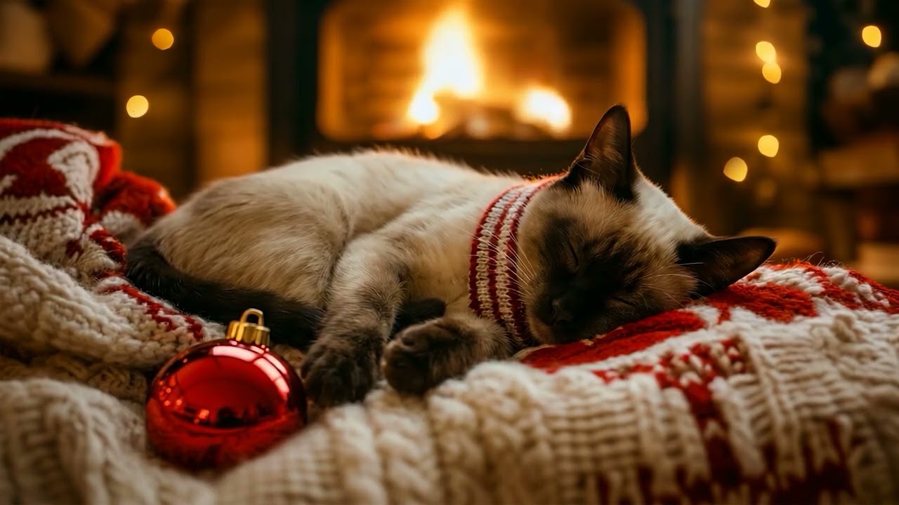 😺 Мурлыкающий кот у рождественского камина 🔥 Уютное ASMR для расслабления