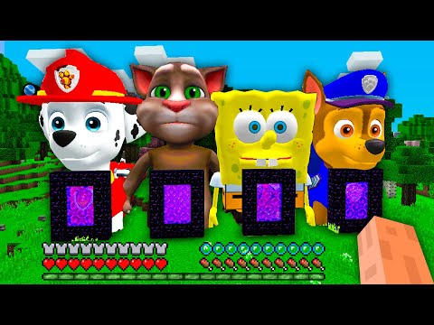 I Found PORTAL INSIDE PAW PATROL MARSHALL and CHASE and SPONGE BOB and TALKING TOM in Minecraft !