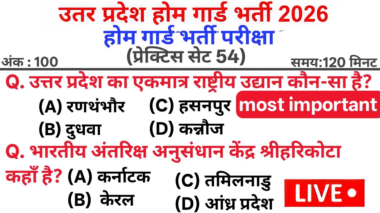  उत्तर प्रदेश होमगार्ड भर्ती 2026 | Practice Set 54 | Top GK Questions