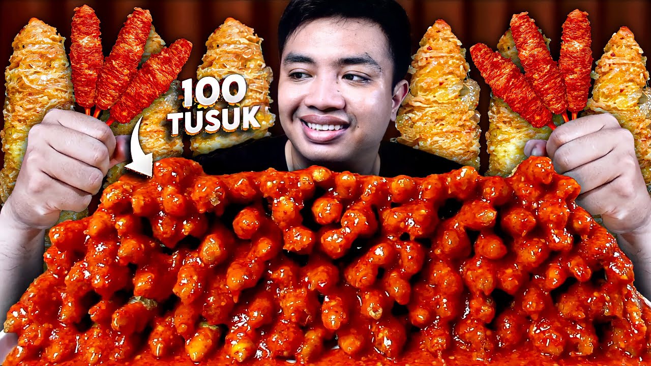 REKOR BARU!! MUKBANG 100 TUSUK TELUR GULUNG SIRAM SAOS PEDAS