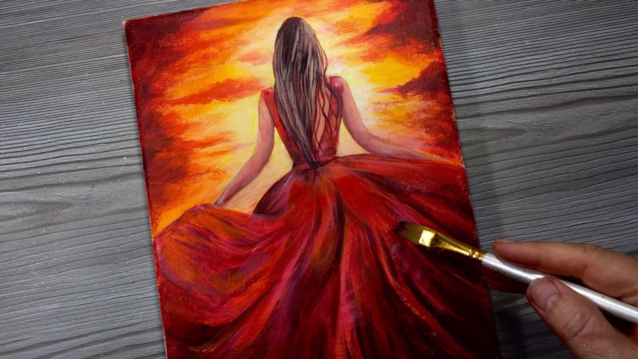 RED DRESS SUNSET / Acrylic Painting / How To Step By Step For Beginners /  Speed Painting 