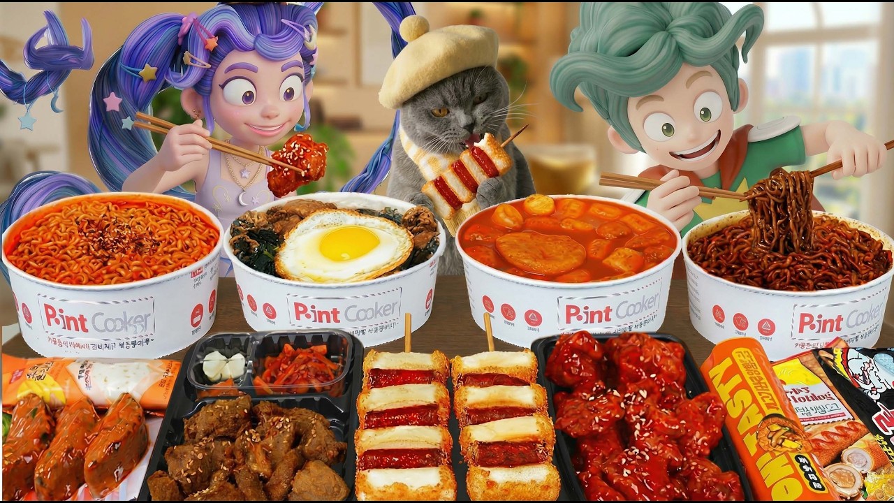 Chef Meow visit LILY LOVEBRAIDS and TWIN BROTHER | Convenience Store, Fried Chicken | ASMR Mukbang