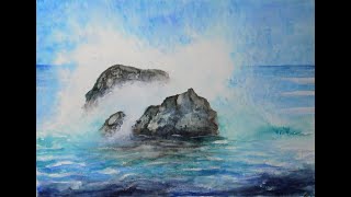 Meer mit Felsen und Gischt in Aquarell