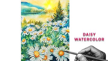 #13 Watercolor White Daisy Field | Vẽ cánh đồng hoa cúc lúc hoàng hôn