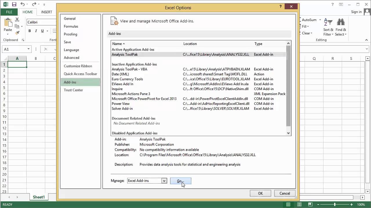 how to load analysis toolpak in excel on an android tablet