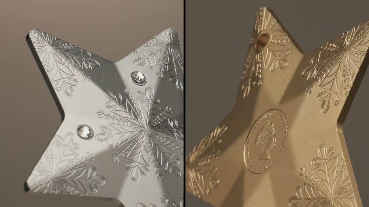 SNOWFLAKE STAR Holiday Ornament Gilded 1 Oz Silver Coin 5$ Cook