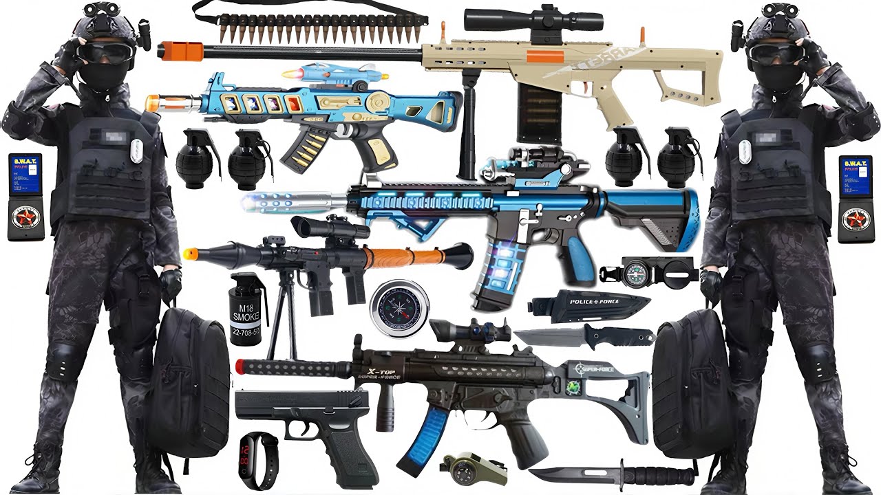 Special Police Weapons Toy set Unboxing-M416 guns, Gas mask, Glock pistol, Dagger grenade,RPG,AK-47,