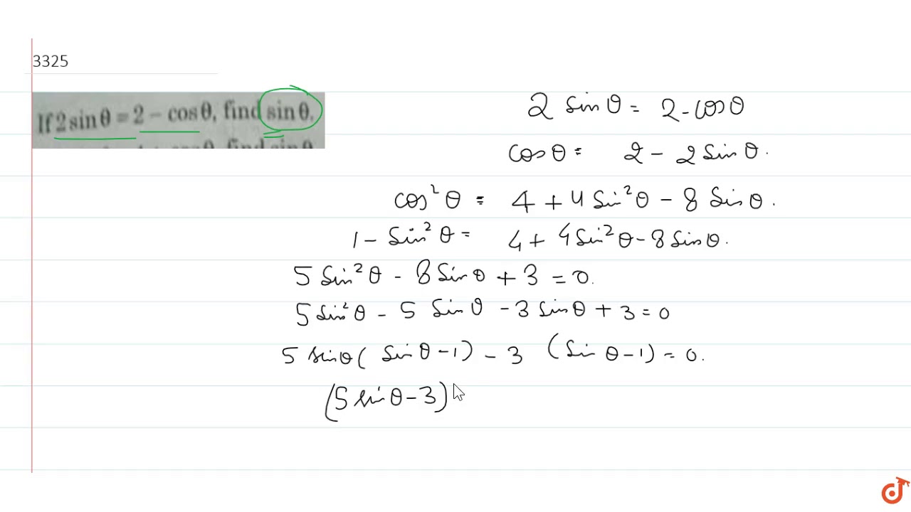 If ` 2 sin theta = 2 cos theta` find ` sin theta` YouTube