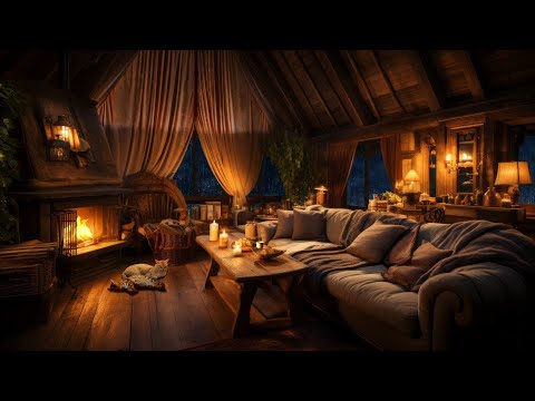 Thunderstorm, Rain x Crackling Fire - Cozy Wooden Cabin, Warm Ambience, Sleeping Cats, Relax x Sleep
