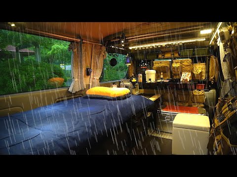 [145]大雨が降り続くダム湖で車中泊｜癒しの雨音で眠る孤独なひとり旅｜ASMR