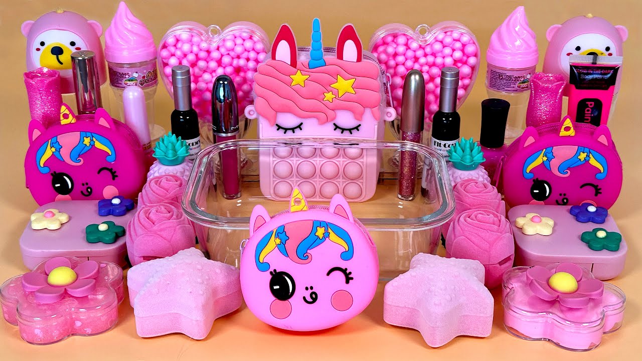 Pink SLIME | Mixing Makeup, Glitter and Beads into Clear Slime. ASMR Slime.