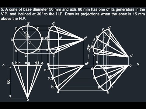 Generator In Cone Projections of Solids - Cone dia 50, axis 60 & generator in VP at 30 ...