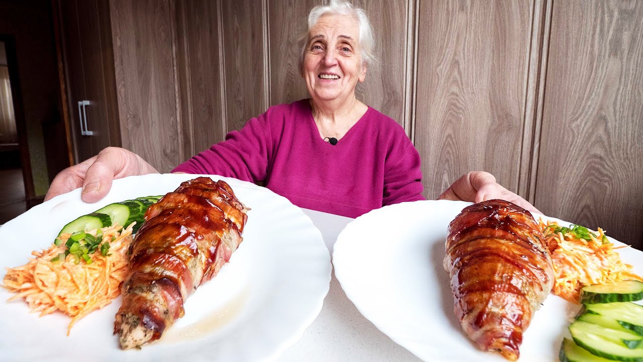 Chicken Breast Wrapped in Bacon Covered in Barbecue Sauce - English