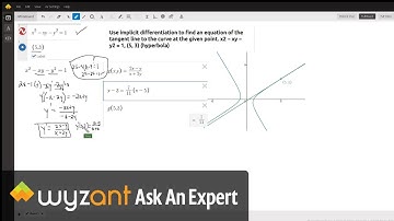 Find equation of tangent line to implicitly defined relation (rotated hyperbola) at a given point.