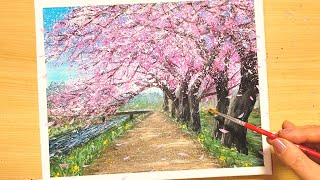アクリル絵の具で【桜の散歩道】の描き方/初心者のための簡単なアクリル画/Step by step