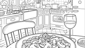 Cozy Kitchen Feast: A Heartwarming Pasta Mushroom Night Zen Color by Number App #coloringbook #food