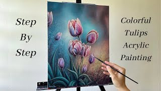 How to PAINT Colorful Tulips | ACRYLIC PAINTING 🌷