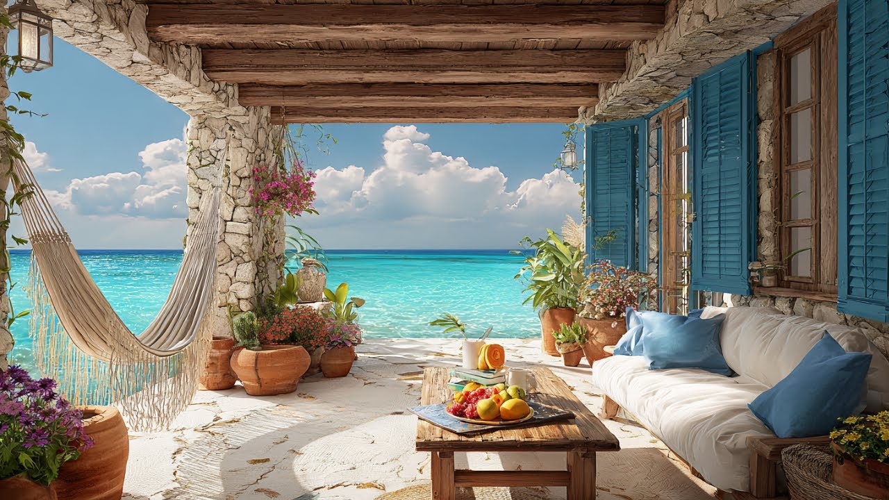 Stone Beach Patio Morning 🌞🕊️ Ocean Waves + Birdsong for Deep Focus, Calm Work & Study