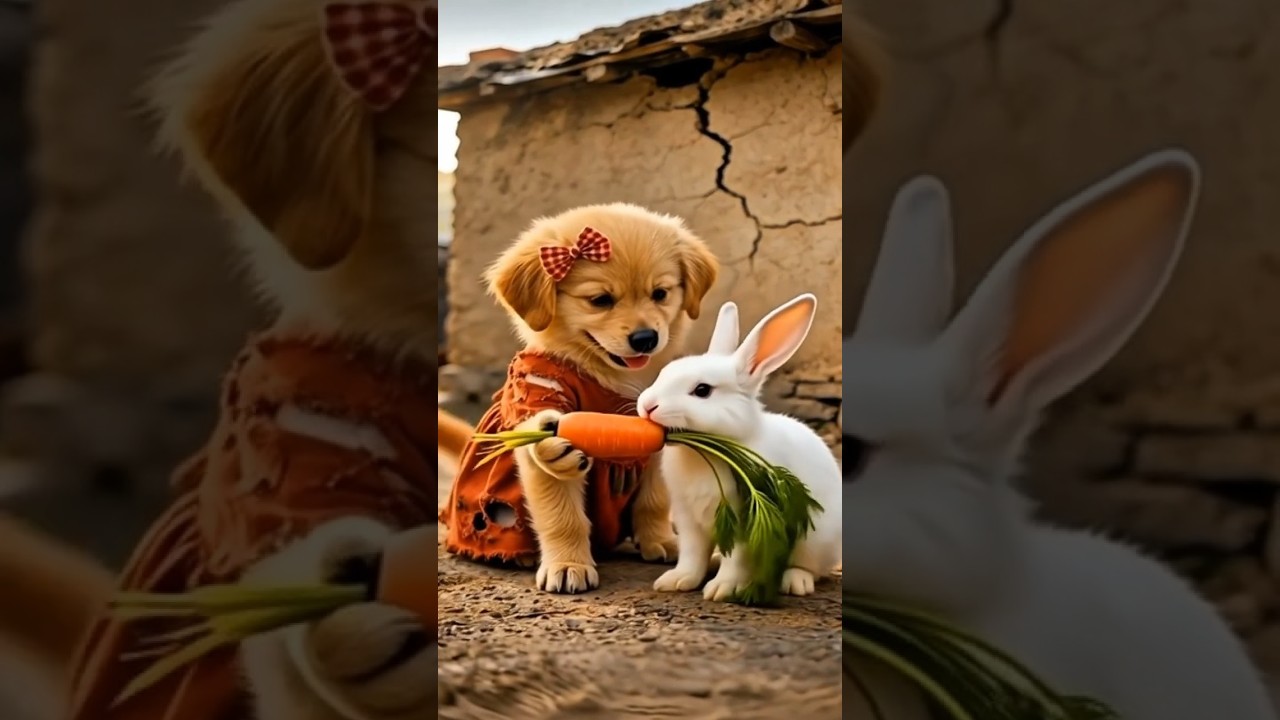 A helpless puppy's love for a rabbit♥️