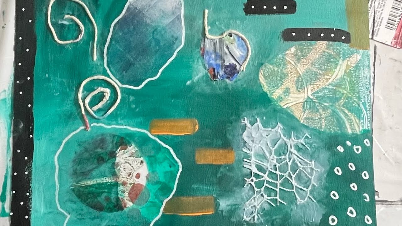 Коллаж с использованием гелевых принтов, пряжи и акриловых пленок.