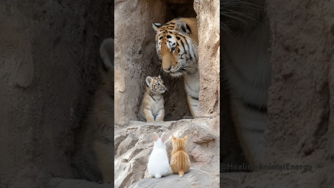 A Tiger Cub Meets a Bunny and a Kitten for the First Time